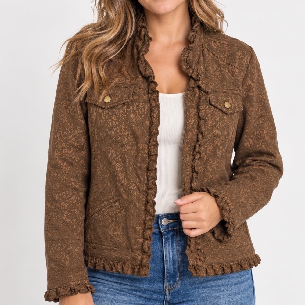 Vintage Coldwater Creek Brown Floral Jacquard Jacket Small Ruffle Boho Paisley